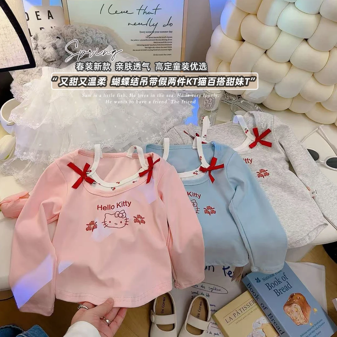 女童甜美风上衣春秋季短款假两件T恤女宝花边领打底衫薄款长袖衫