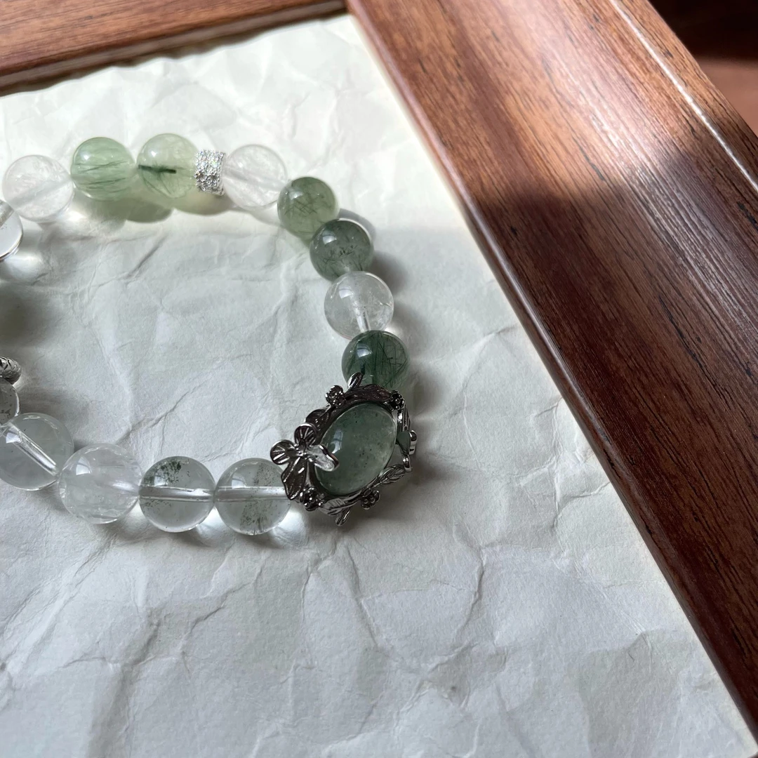 天然水晶-绿幽灵+绿发晶原创小众设计-143