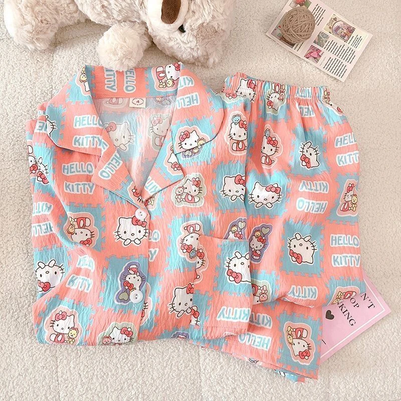 云朵棉拼图Kitty睡衣女款春秋季长袖ins风日系卡通可爱夏天家居服