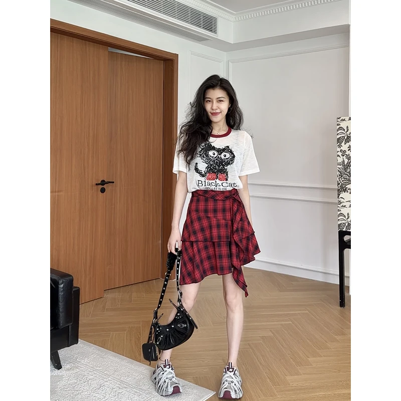 【现货】张阿星竹节麻减龄针织短袖+红格子遮肉裙裤 W425X09187