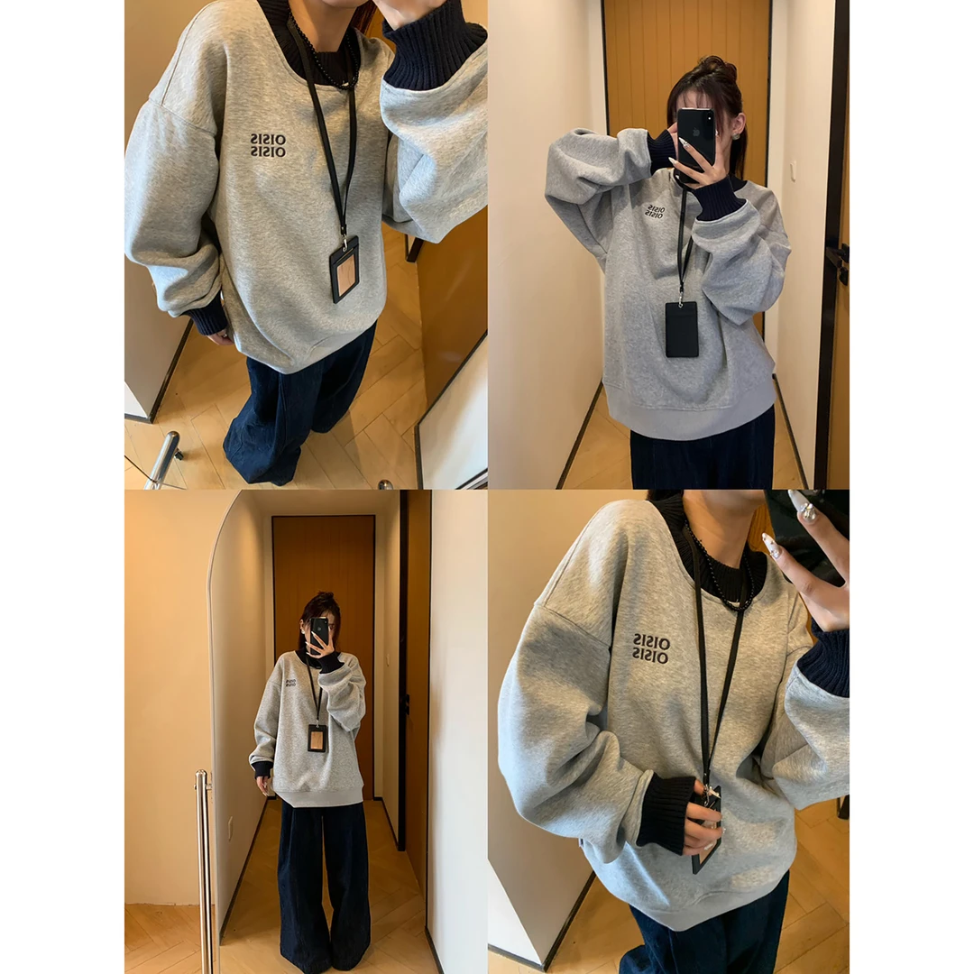 秋冬韩系加绒高级感宽松拼接刺绣大码300斤套头圆领情侣卫衣男女