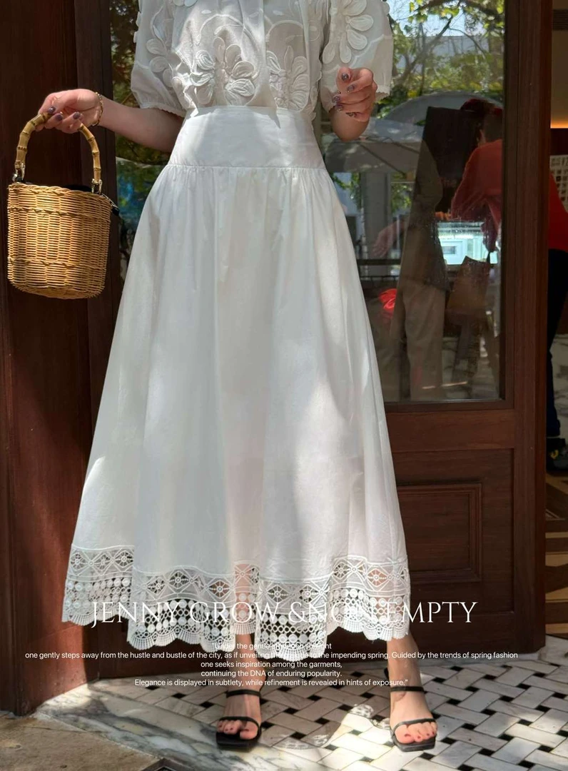 【JI.GU】法式宽腰下摆水溶蕾丝花边白色半身裙ES082