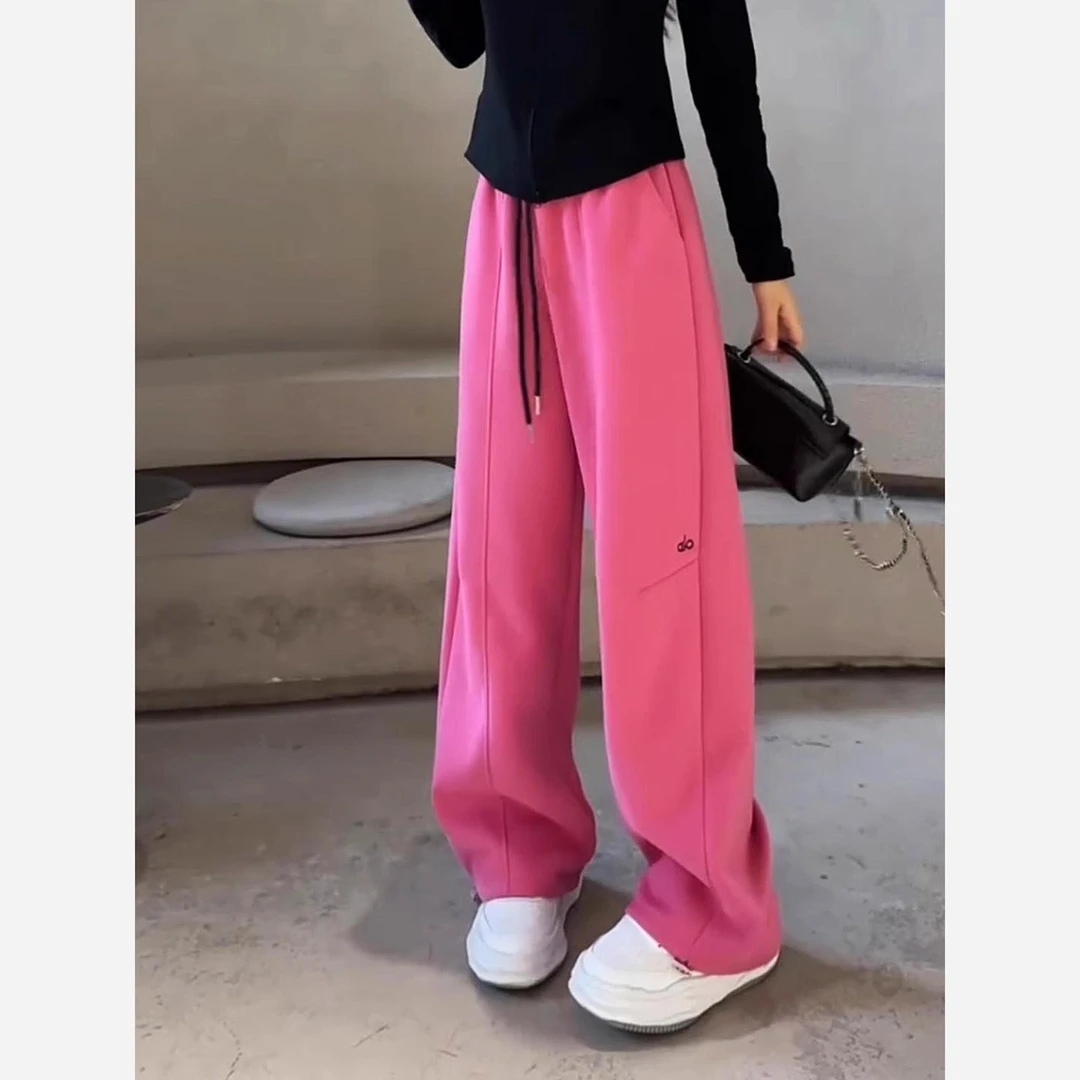 粉色运动休闲裤子女2025新款秋冬加绒加厚多巴胺宽松阔腿弯刀卫裤