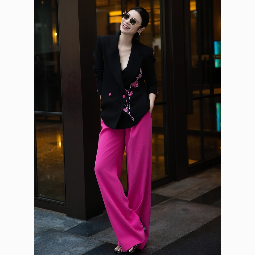 ZEROYK高级感职业套装女气质女神蝶恋花钉珠撞色西服阔腿裤两件套