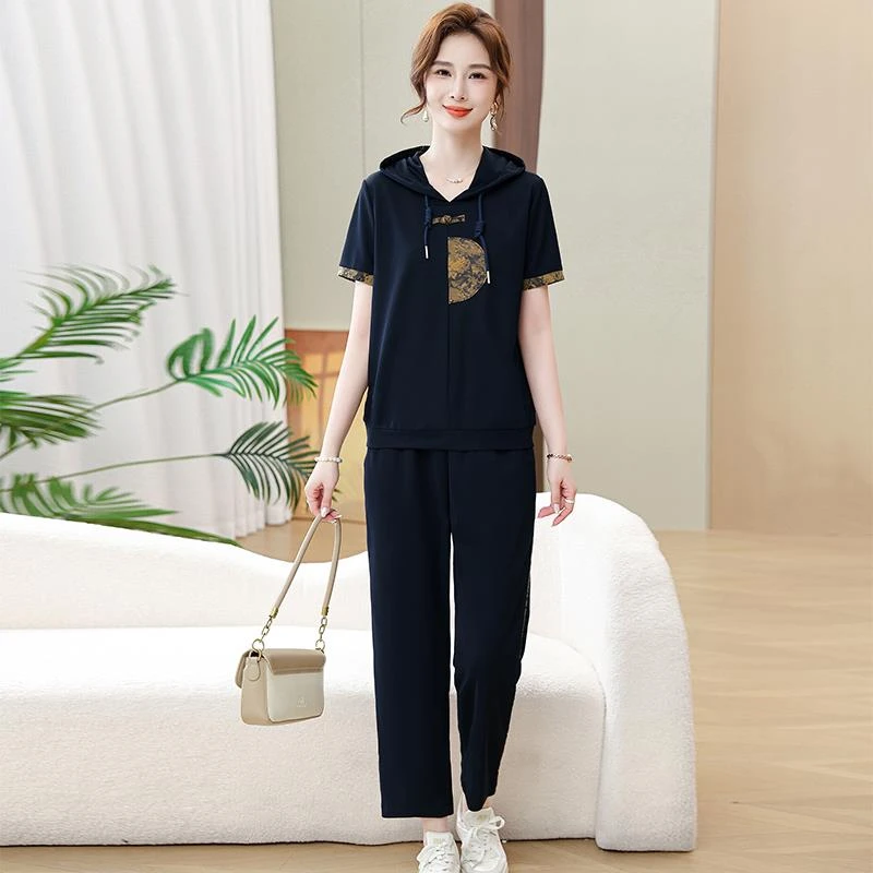 恒源祥彩羊冰丝妈妈夏装两件套时尚上衣减龄中年运动套装女垂感休