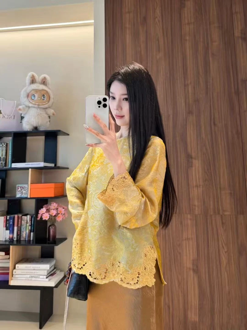 浮光绸水光液态感国风新中式镂空蕾丝刺绣人丝混纺显瘦百搭小衫