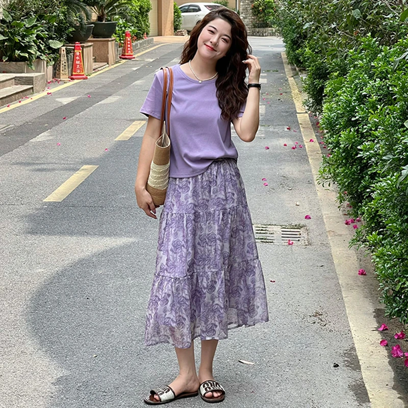 小个子时髦休闲套装女2025年夏季新款纯色上衣碎花半身裙两件套潮