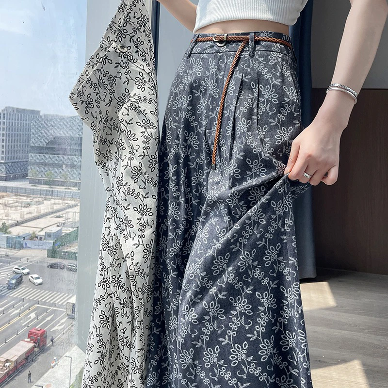 复古印花2025夏季新款高腰宽松垂感直筒裤 HL-5860