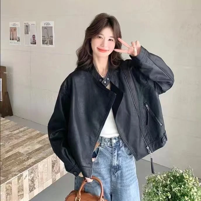 黑色短款pu皮机车服外套女2025春秋季新款设计感炸街复古夹克上衣