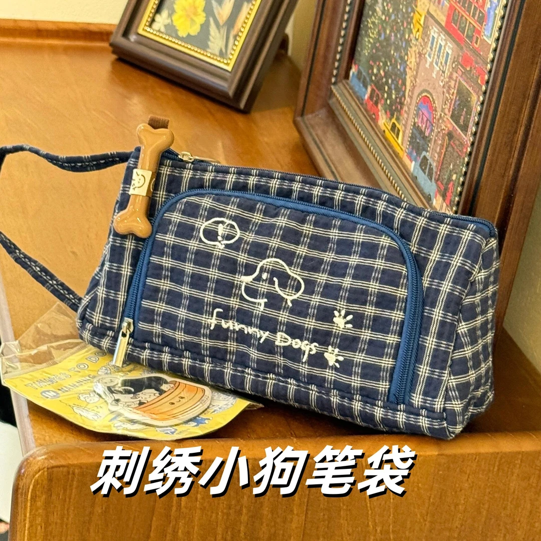 可爱刺绣小狗笔袋大容量高颜值ins学生文具收纳袋手提便携铅笔盒