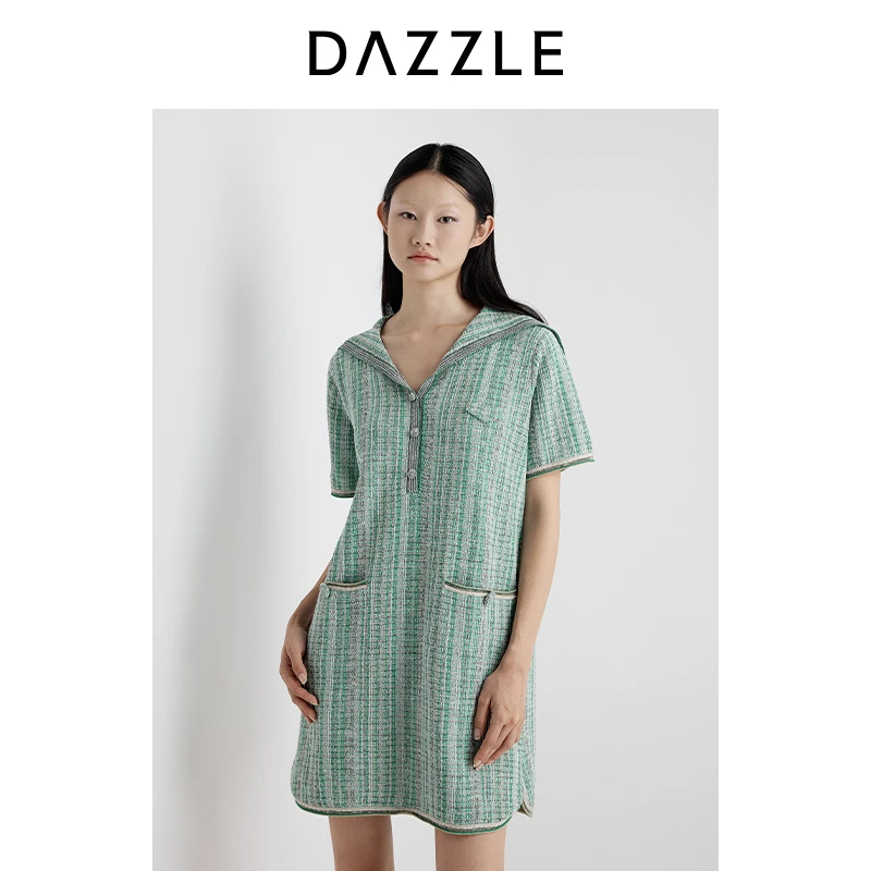 DAZZLE 地素毛衫连衣裙25夏新绿色粗花呢连衣裙2J2E651