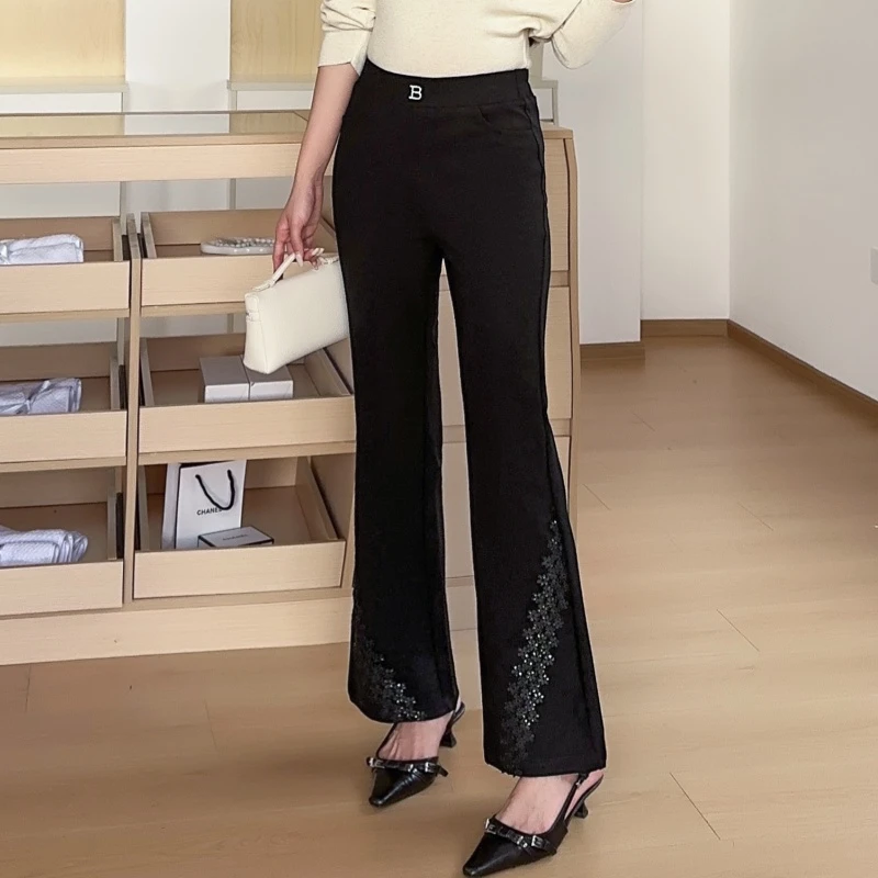 百花果【防褪色】2025秋冬新款高腰大码外穿喇叭裤时尚百搭黑色女裤