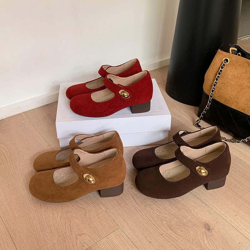 7cm增高小金豆粗跟单鞋女2025秋季新款复古百搭绒面软底玛丽珍鞋