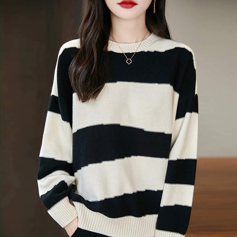 纯棉新疆棉 圆领落肩宽松款七针加厚女士长袖针织衫