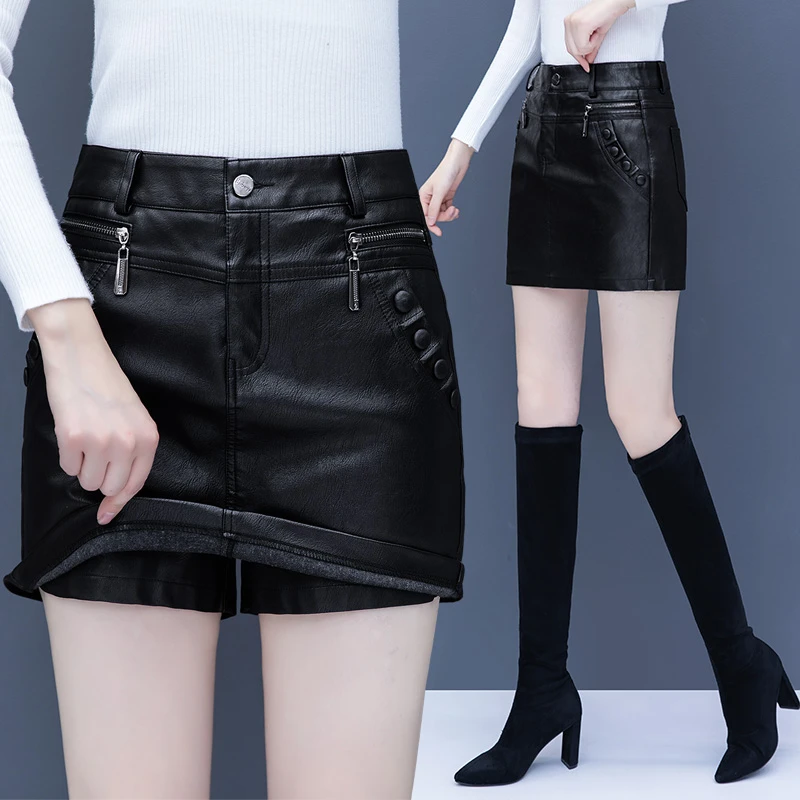 雅鹿高腰a字皮裙裤女2025秋冬季新款潮流显瘦半身裙短裤前裙后裤