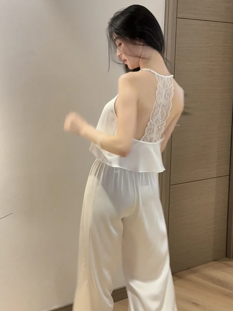 〈香缇午后〉法式轻奢高级感蕾丝露背吊带长裤睡衣套装