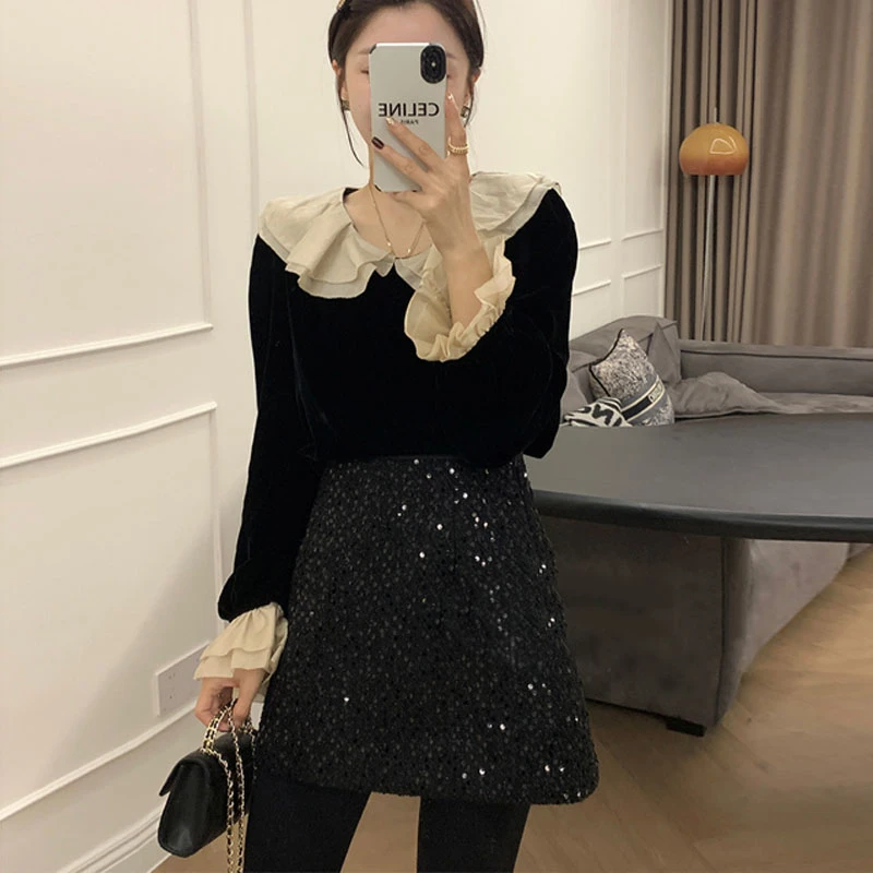 娃娃领丝绒衬衫女秋冬季高级设计感小众气质法式别致内搭打底上衣