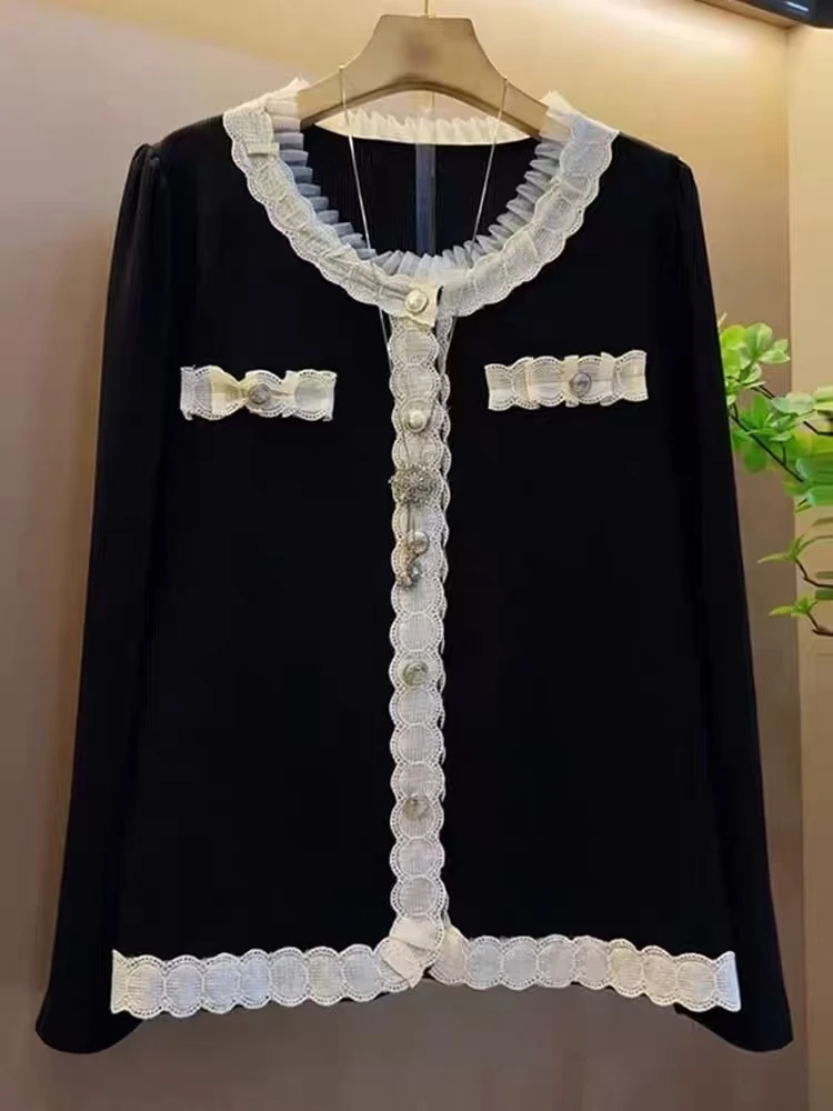 大码女装-7110花边长袖拼接开衫圆领女款上衣显瘦拼色时尚百搭