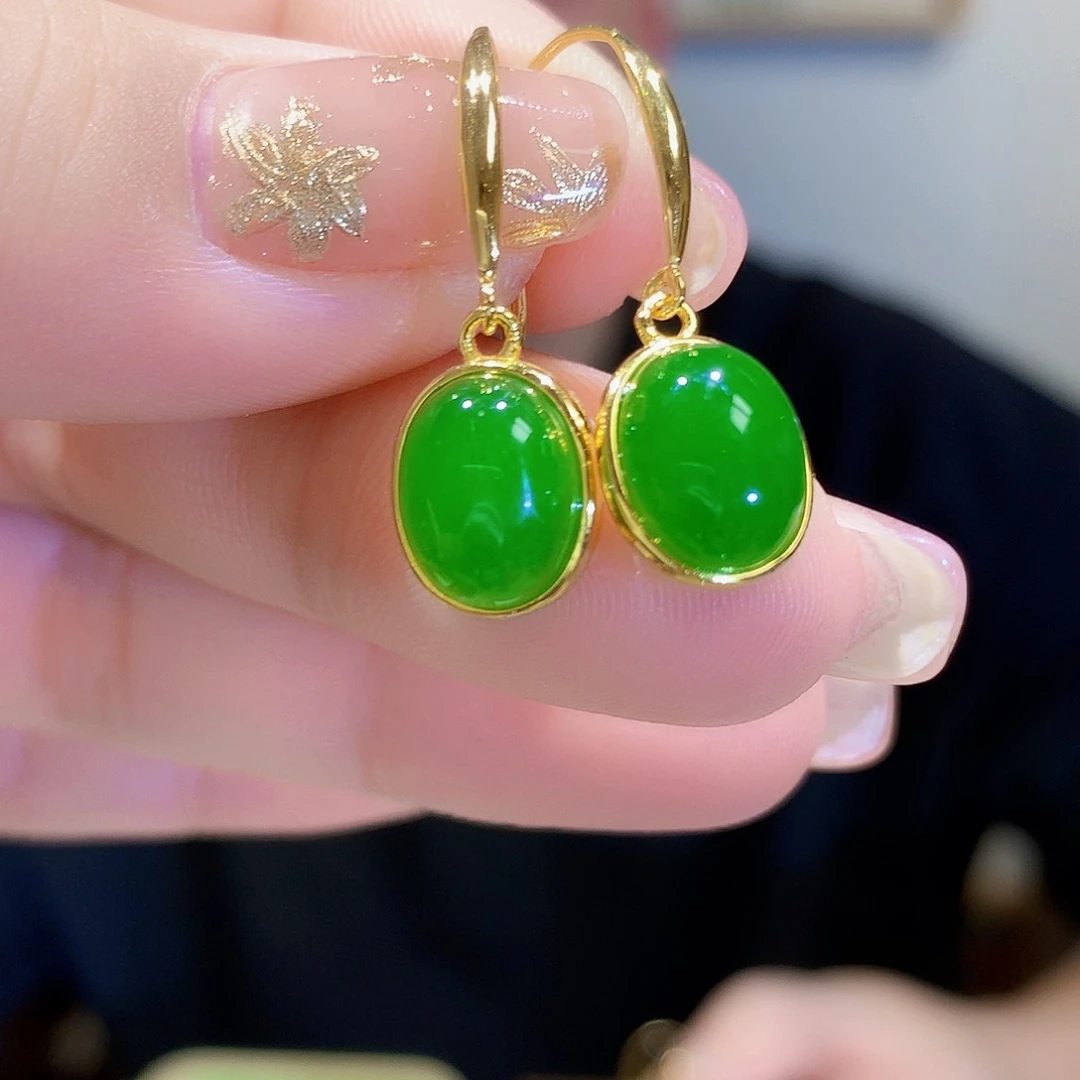 和田玉（碧玉）耳饰银S925镀金镶嵌