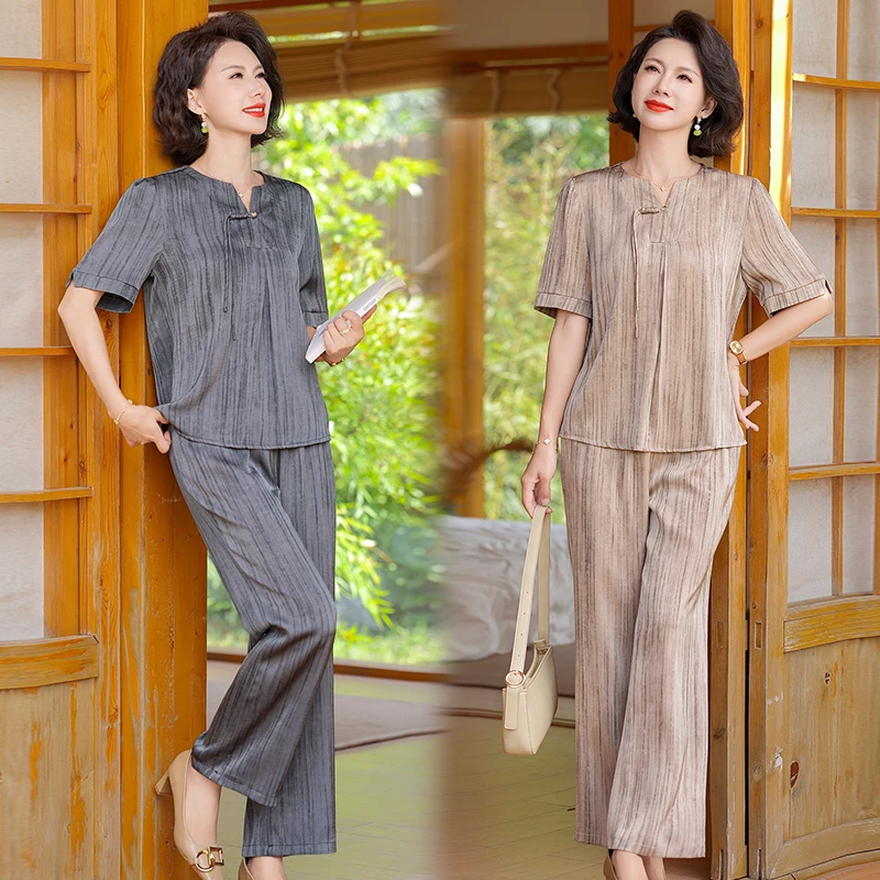 妈妈夏季薄款短袖裤子套装中老年女装休闲洋气两件套气质显瘦宽松