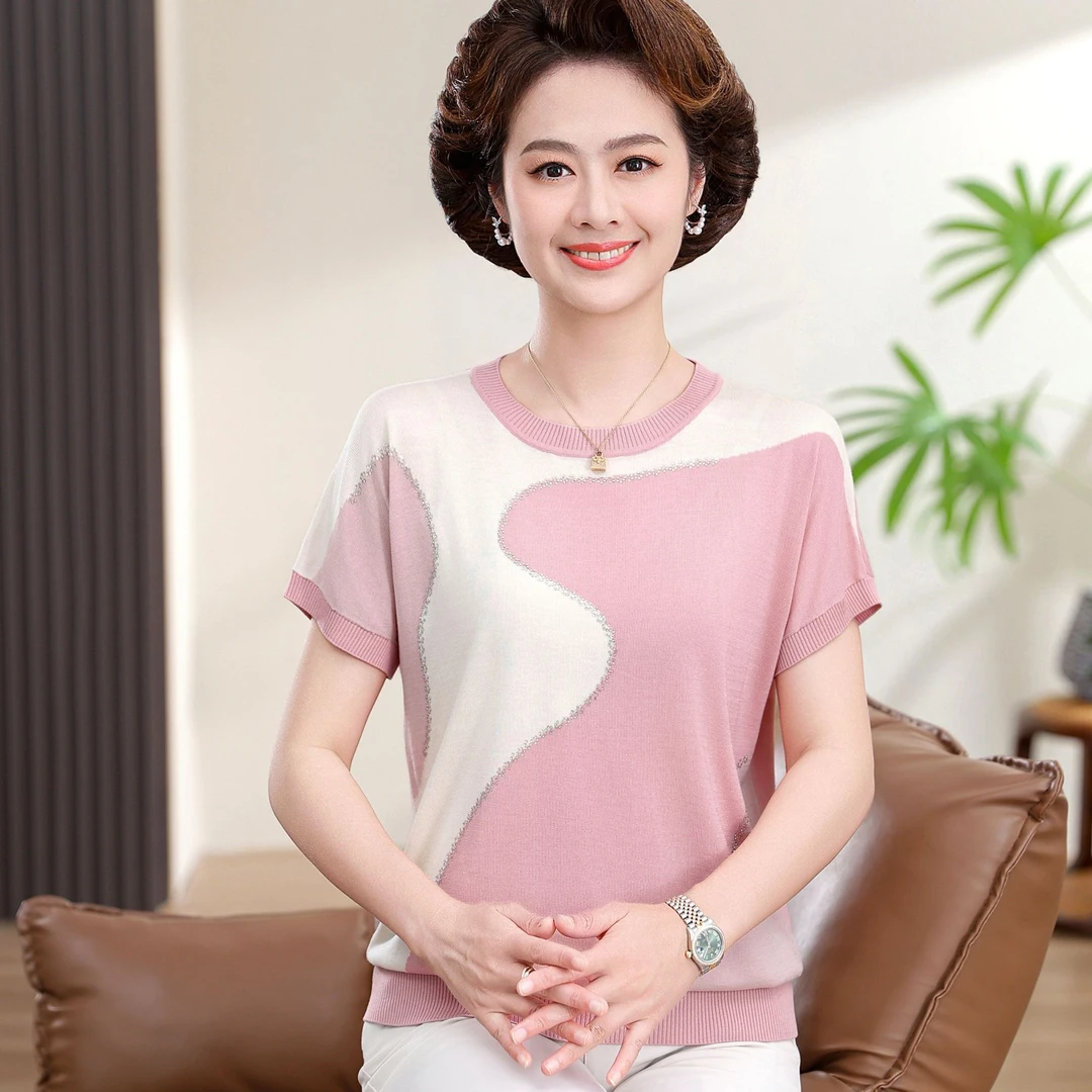 妈妈装夏装短袖T恤洋气冰丝小衫中老年母亲衣服夏季宽松薄款上衣