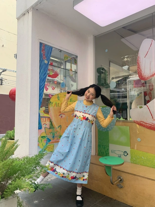 dodoroom!原创自制 复古昭和少女水果涤棉爱心陶瓷扣背心连衣裙