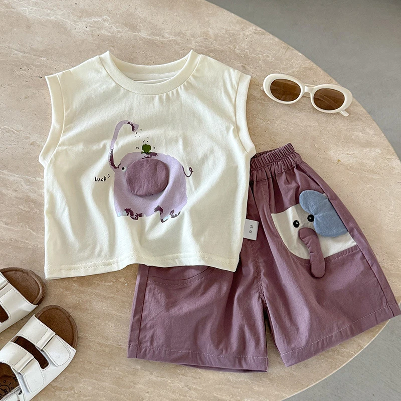 男童套装夏2025新款儿童卡通背心两件套男女宝宝婴幼儿夏天小套装