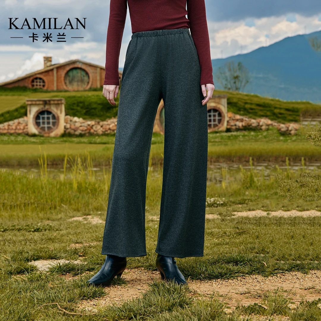 [羊毛]卡米兰直筒高腰羊毛休闲裤女2025秋季新款裤子宽松显瘦长裤