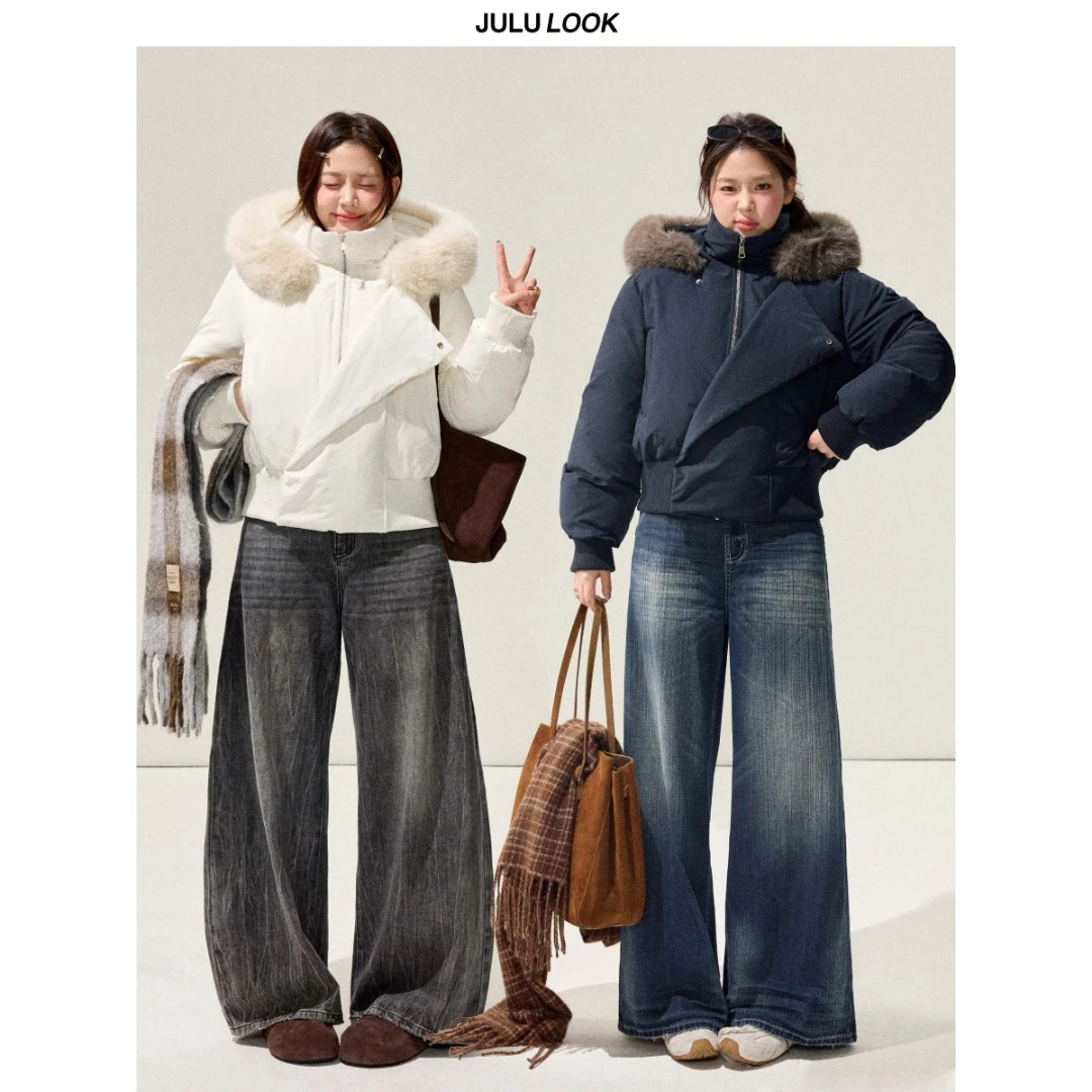 巨鹿工作室“冬眠堡垒”微胖mm立领斜扣毛领连帽90白鸭绒短羽绒服