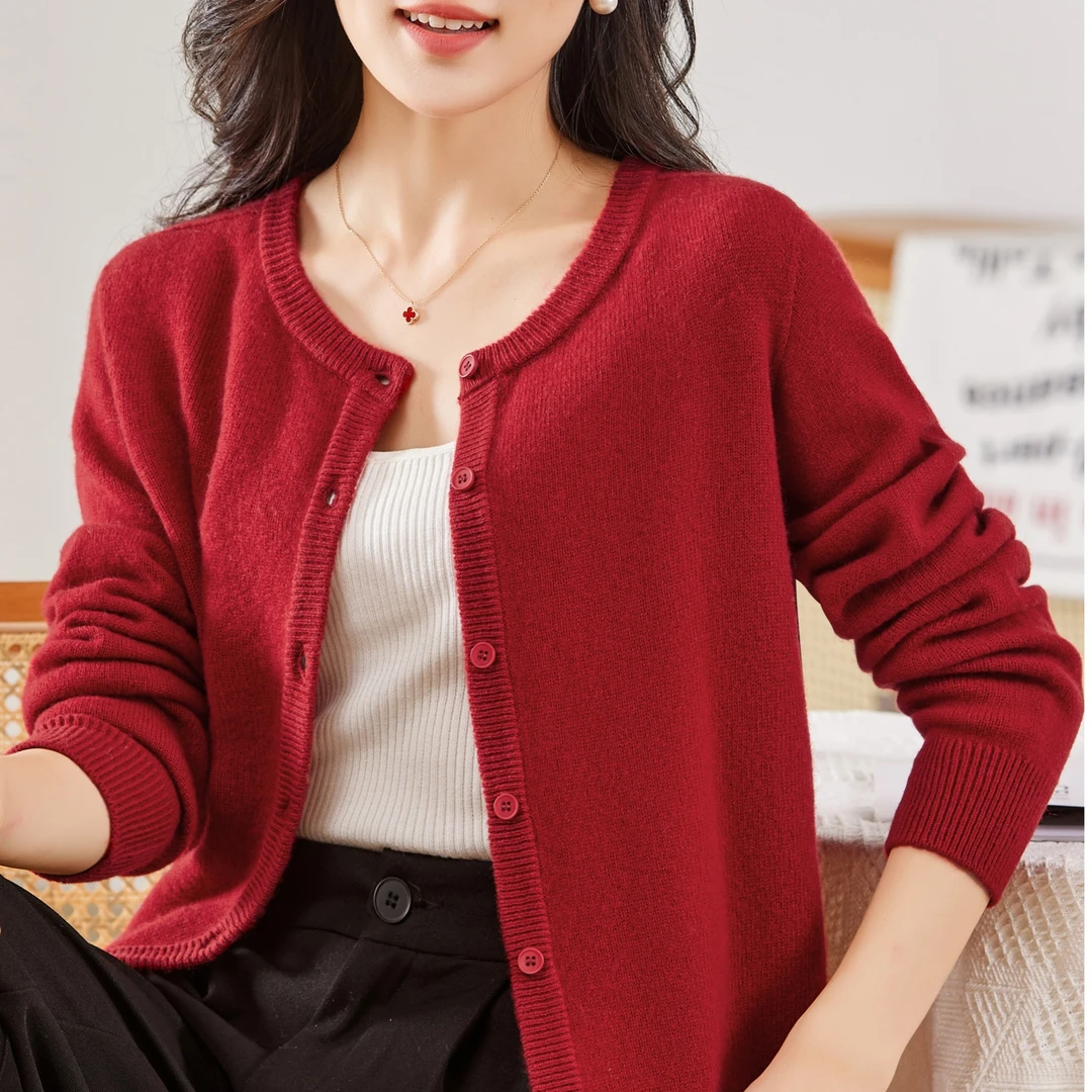 7313羊毛开衫女短款圆领毛衣外套宽松百搭100%羊毛针织衫
