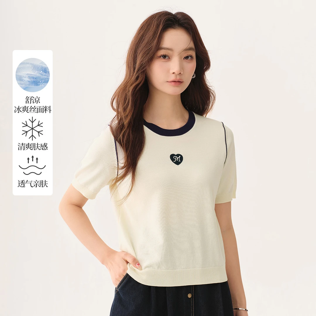 冰爽丝轻薄针织衫女2025夏季撞色圆领显瘦舒适百搭短袖上衣