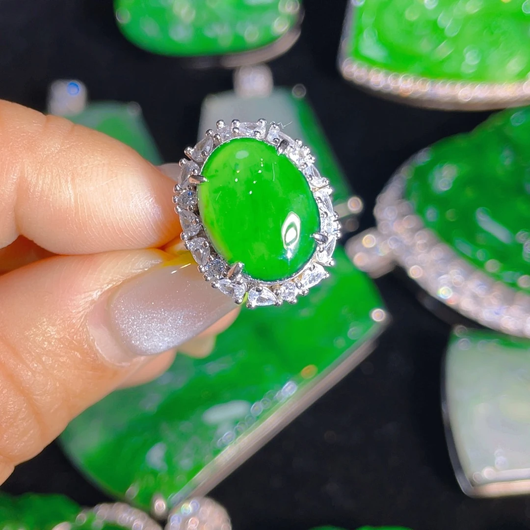 翡翠戒指银S925镶嵌天然