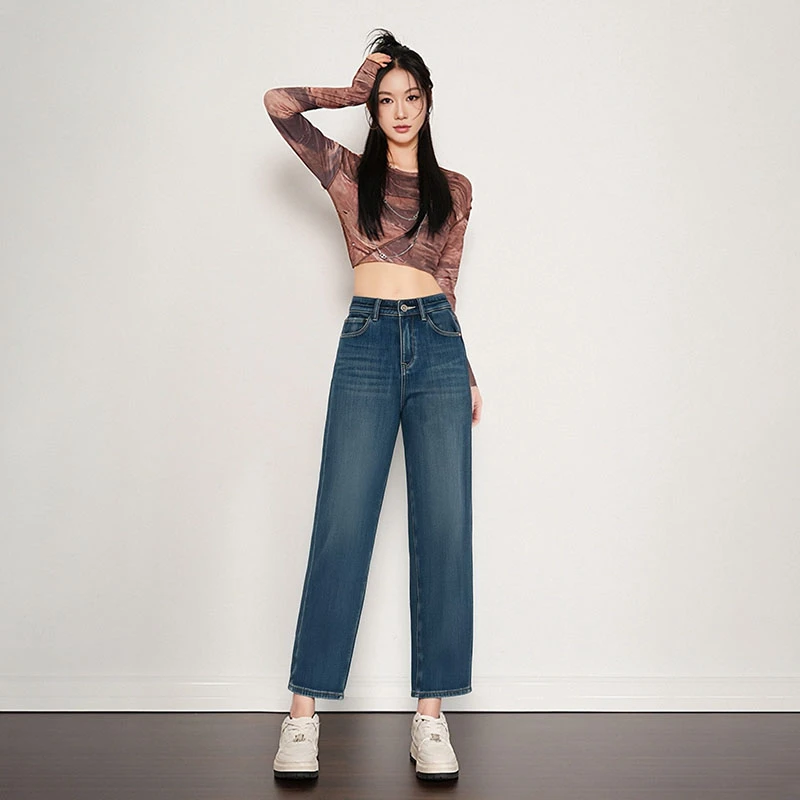 悉妍牛仔裤女加绒加厚修身直筒裤弹力人字纹小个子显瘦九分裤9977