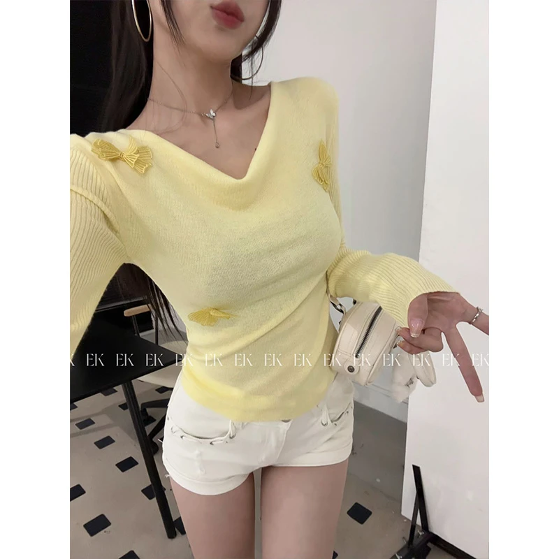EK【玫瑰慕斯】2025年荡领针织衫女设计感小众修身显瘦打底上衣3261