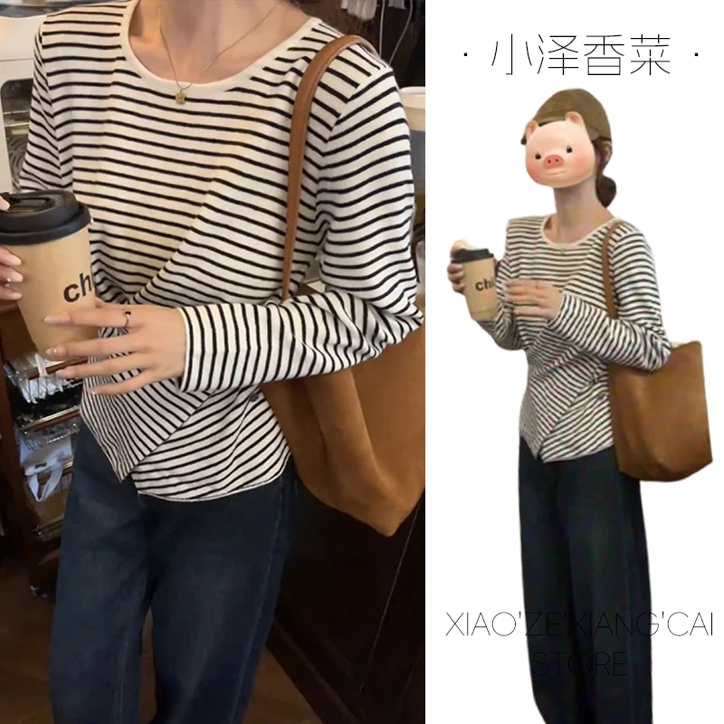 撞色条纹交叉圆领长袖针织衫女2025早秋季新款修身内搭打底衫上衣