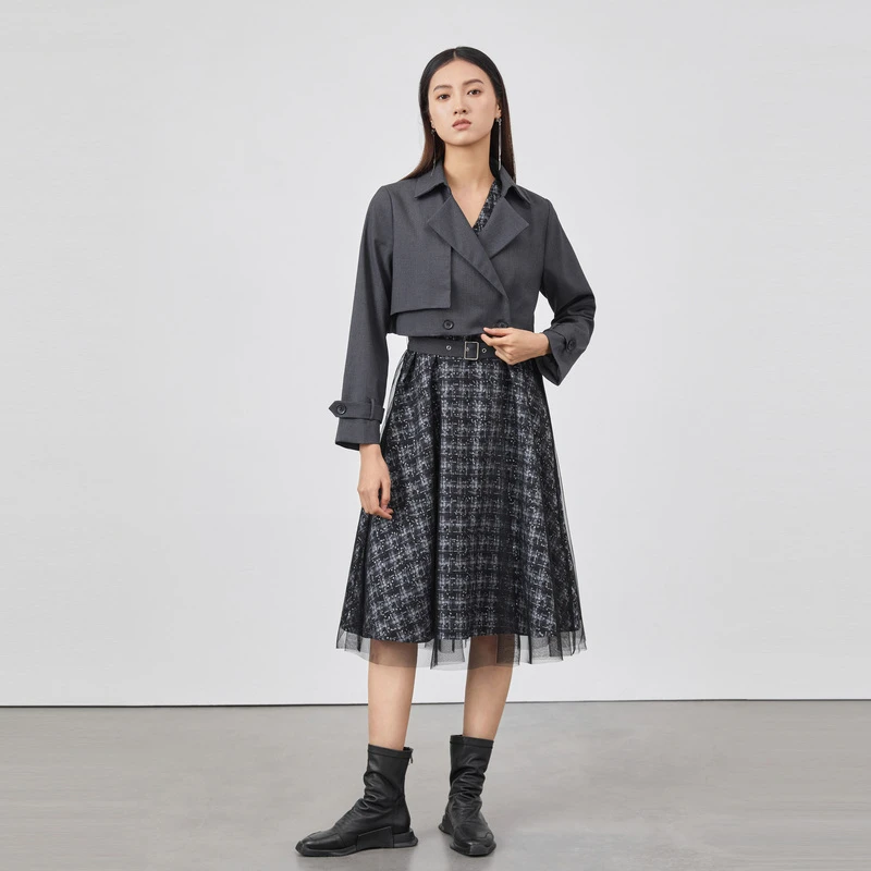 【丽公主】圣迪奥秋季时尚格纹拼接复古高级感女装连衣裙S223Z1426