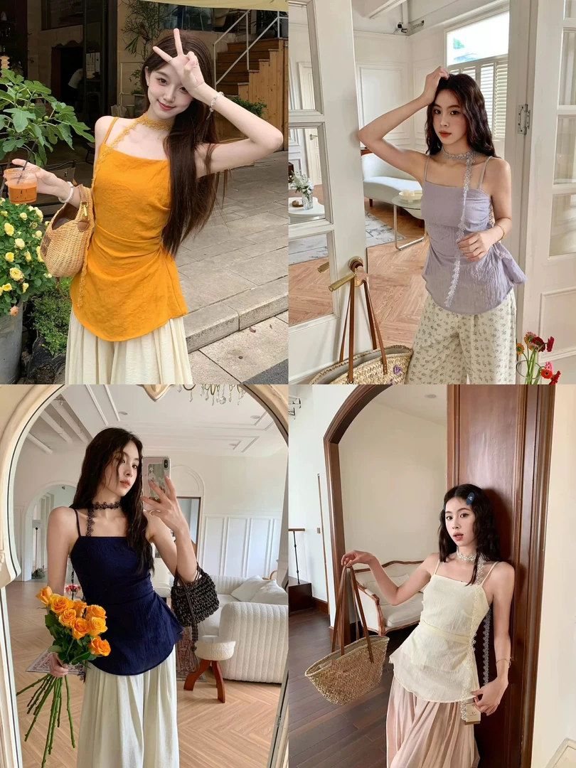 夏季气质简约收腰多色吊带背心女(配飘带)