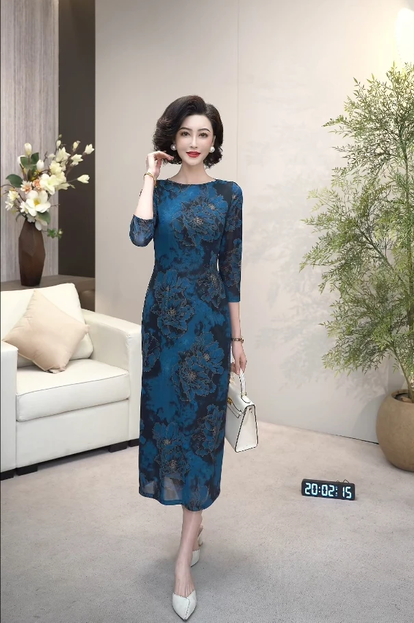 2025新（墨染牡丹）高弹莱赛尔天丝铜氨纤维网纱一字领连衣裙WF3293