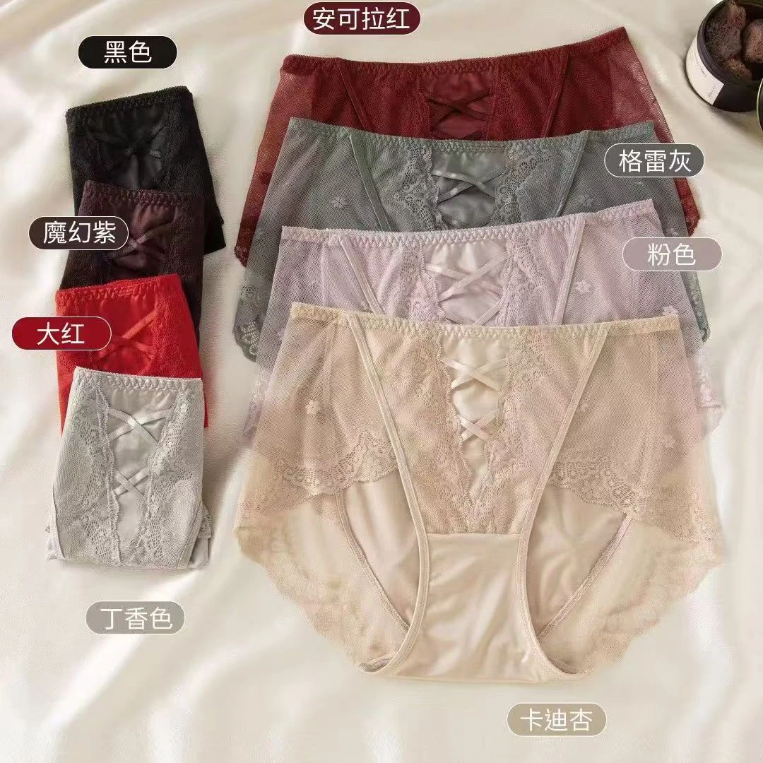8635高腰拼接蕾丝缎面女士内裤舒适透气性感显瘦三角裤