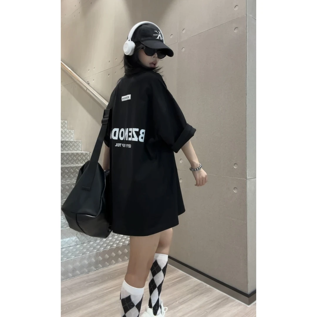 短袖大t恤女夏季宽松纯棉大版中长款遮屁股遮臀下衣失踪印花半袖