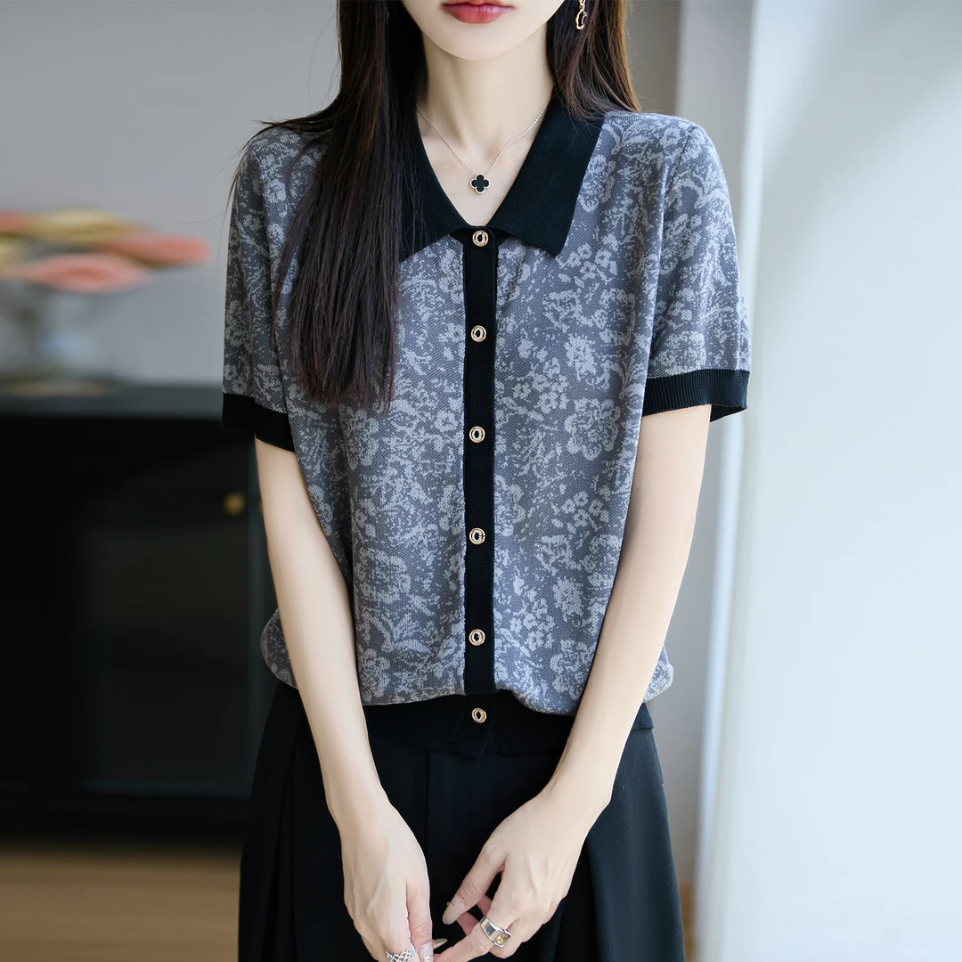 哥弟阿玛施正品夏季女天丝POLO领短袖针织开衫洋气慵懒风薄款小衫