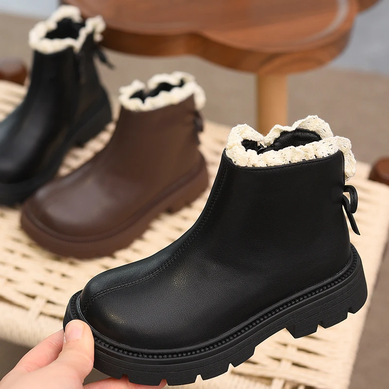 女童皮靴保暖公主靴2025秋冬季新款真皮童靴女孩二棉加绒休闲靴子