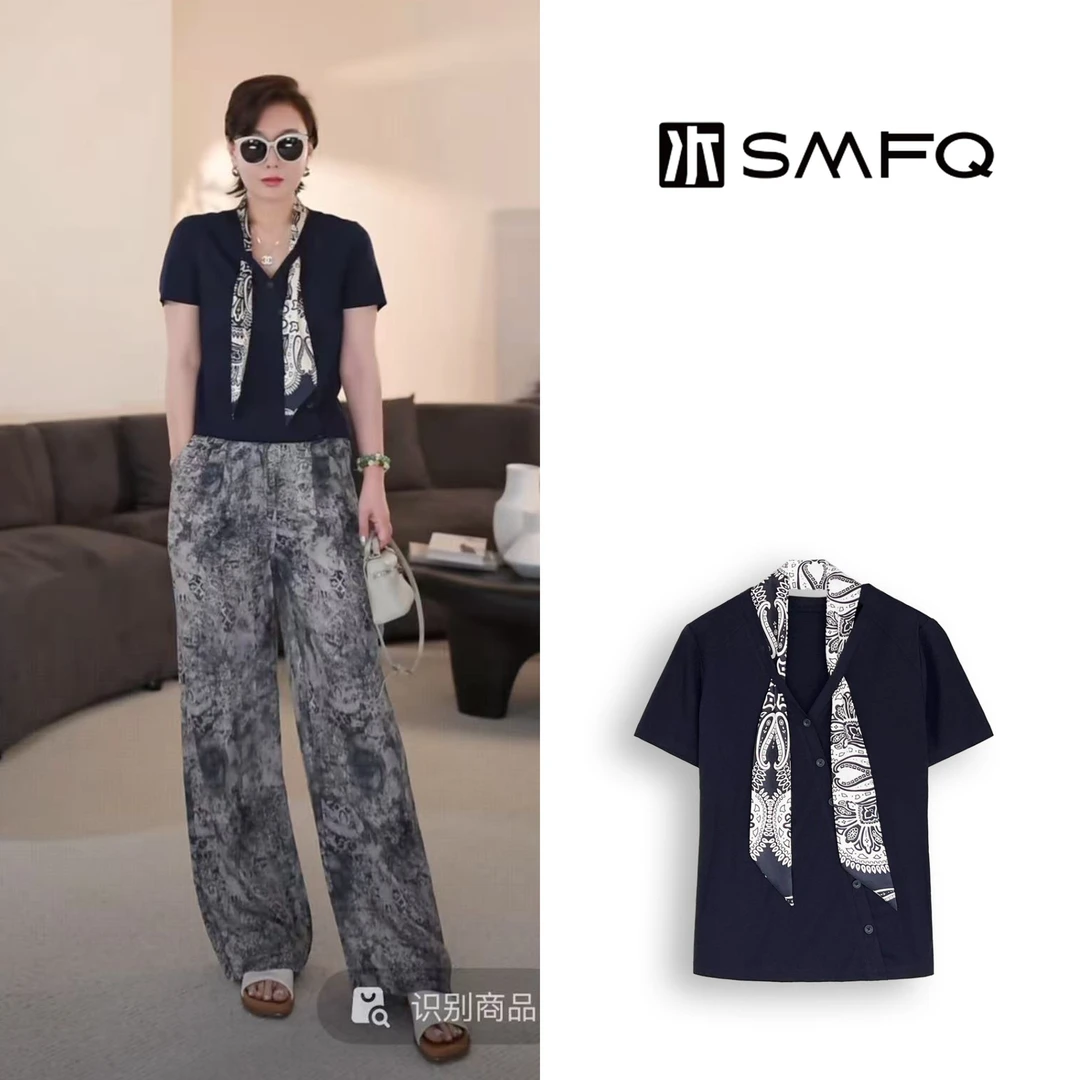 水木夫妻 “巴塞罗那”天丝莱赛尔丝巾斜门襟短袖上衣女