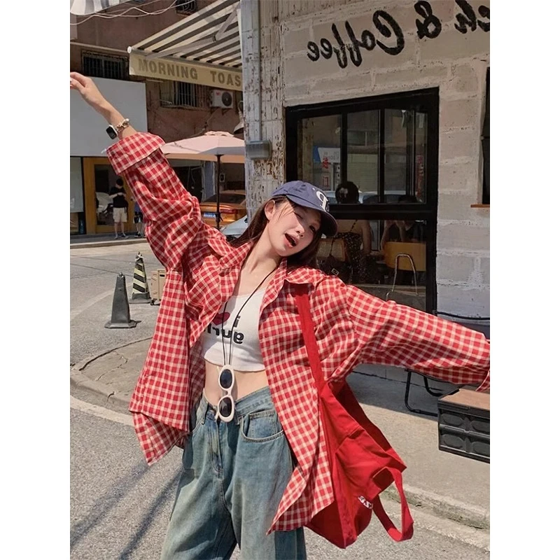 红色格纹长袖衬衫男夏季cleanfit穿搭美式高级感潮牌情侣衬衣外套