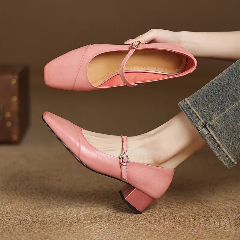 牛皮4公分/新款真皮浅口一字带粗跟单鞋法式方头中跟玛丽珍女鞋