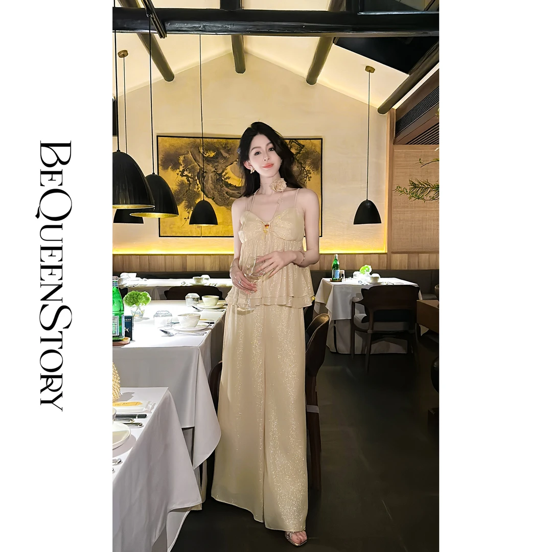 余潇潇【沙漠之花】含桑蚕丝的金银线顺纡吊带直筒裤套装