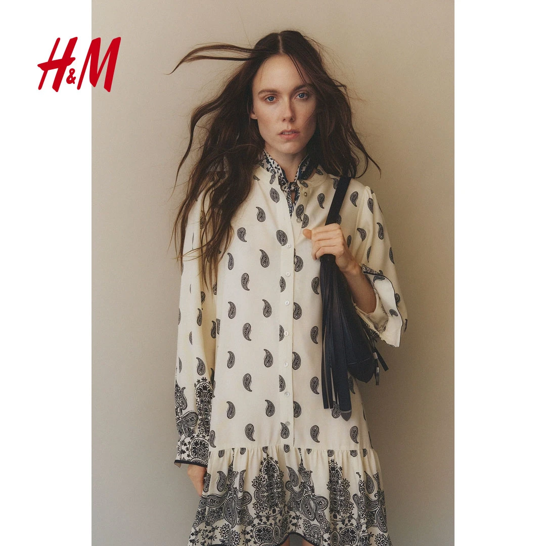 HM女装连衣裙2025春秋新款印花粘纤流光风短款灯笼袖裙1265602
