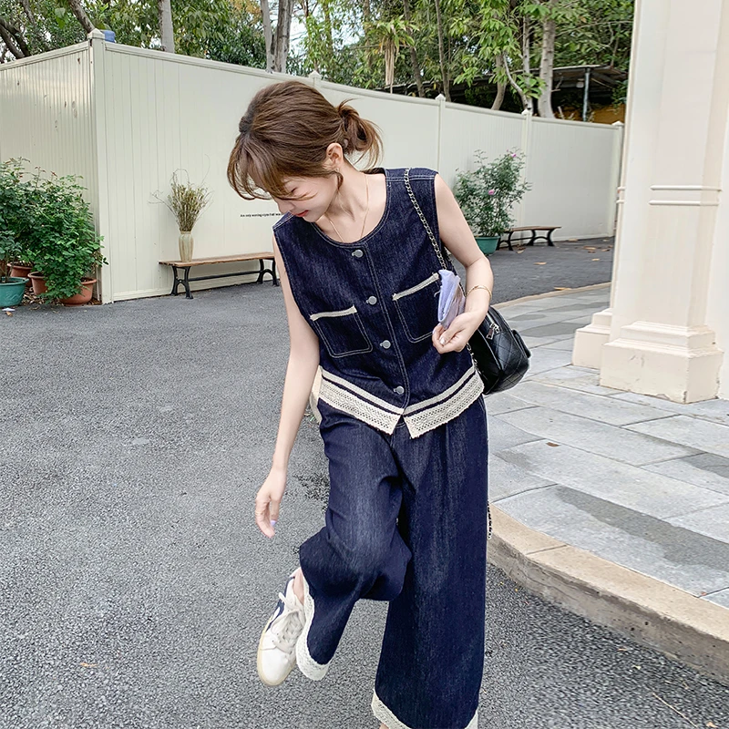 复古蕾丝拼接薄款牛仔马甲套装女2025夏季新款时尚洋气穿搭一整套