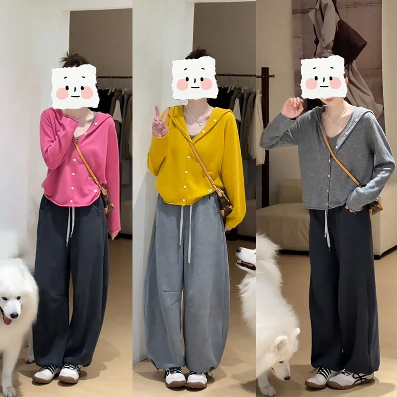 早秋韩系超好看纯色连帽设计感宽松针织上衣搭配休闲阔腿裤两件套