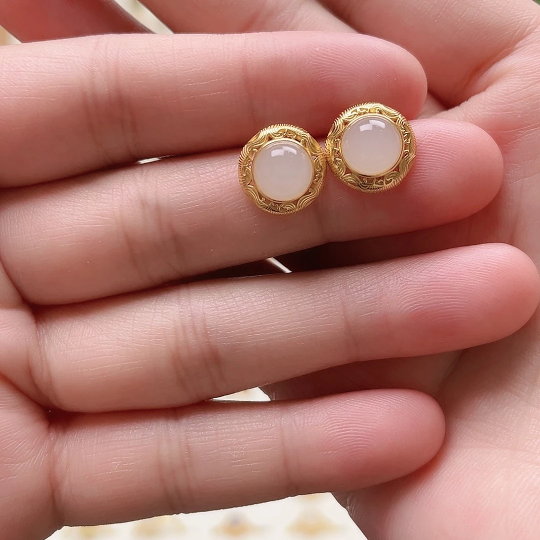 和田玉银S925镶嵌耳饰